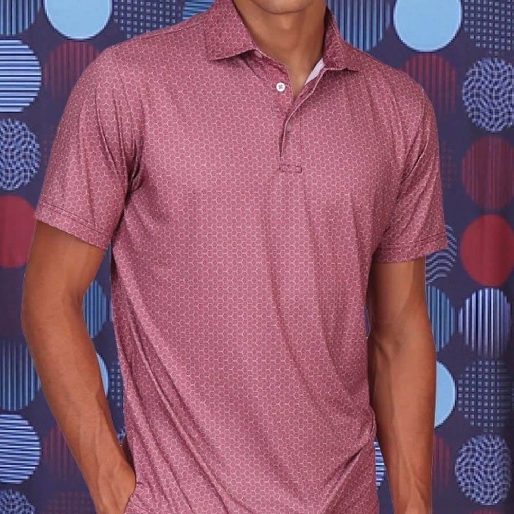 Tailorbyrd Maroon and White Geometric Performence Golf Polo - {m}